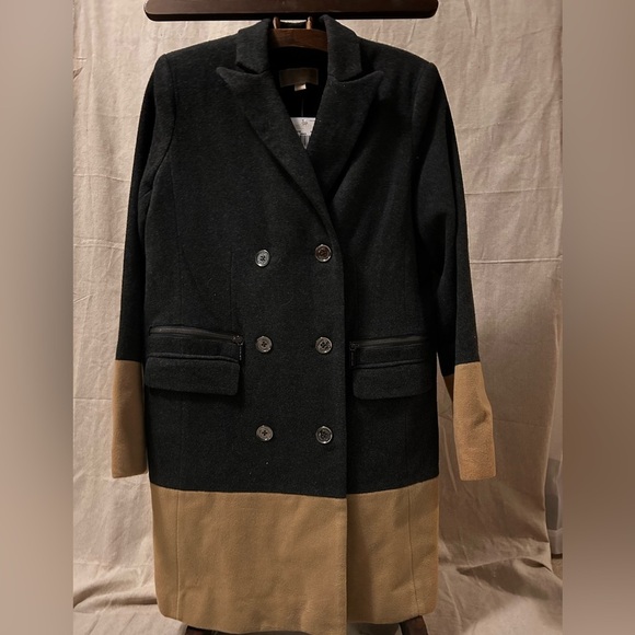 MICHAEL KORS. Grey Tan Wool Color Block Long Jacket Peacoat Coat NWT - Picture 2 of 14